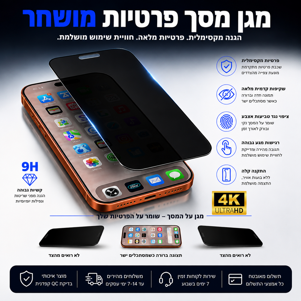 מגן מסך זכוכית פרטיות 4K לאייפון