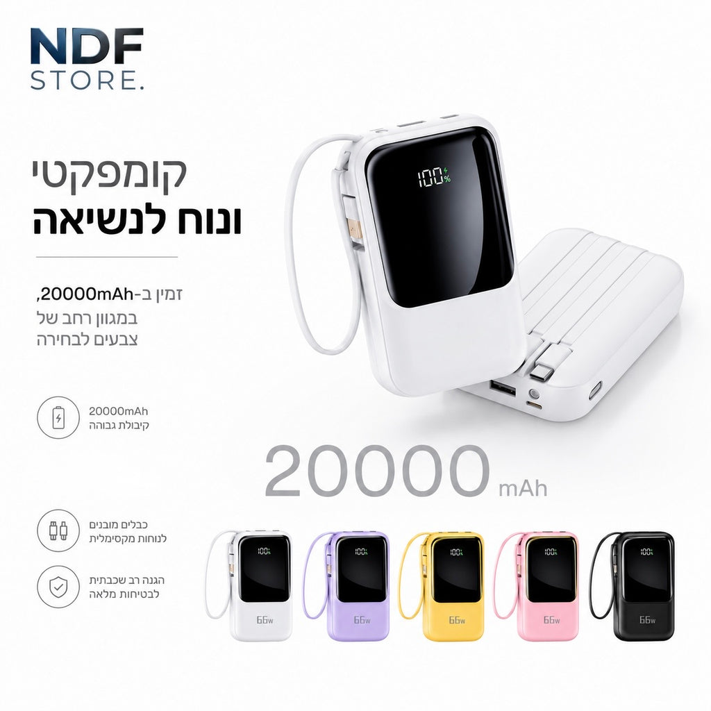 מטען נייד 20,000mAh עם כבלים מובנים וטעינה מהירה