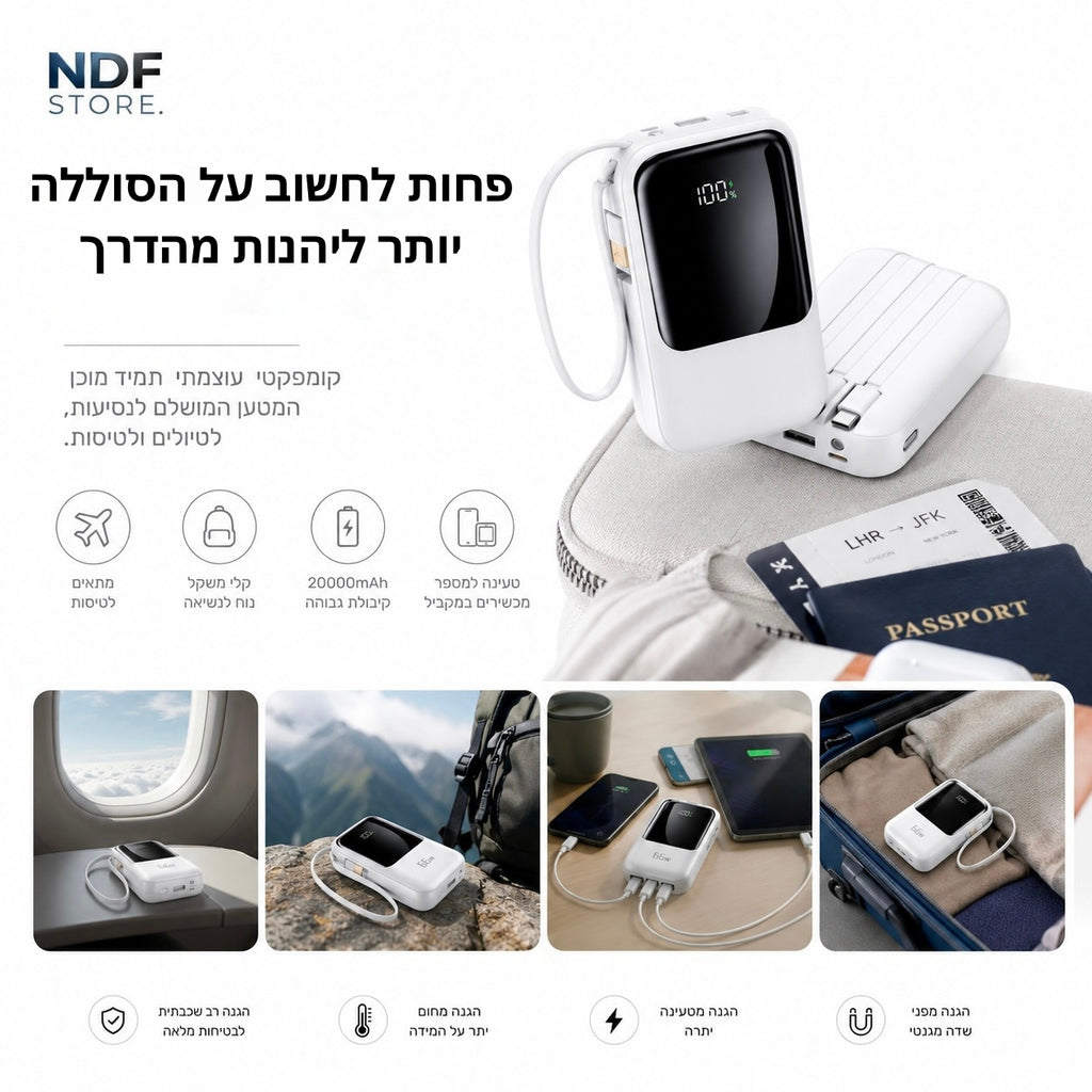 מטען נייד 20,000mAh עם כבלים מובנים וטעינה מהירה