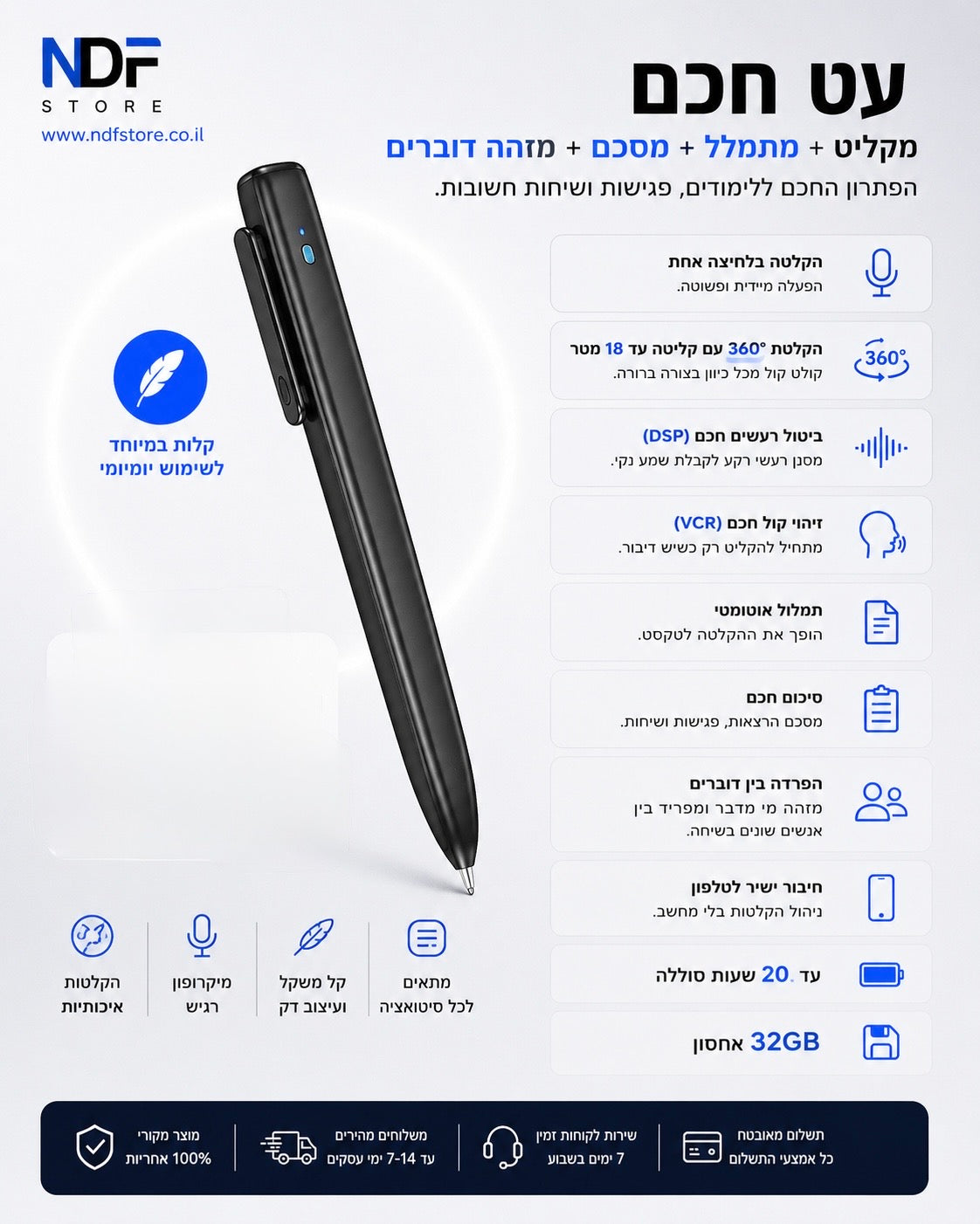 Smart AI Pen עט חכם מקליט מסכם מתרגם