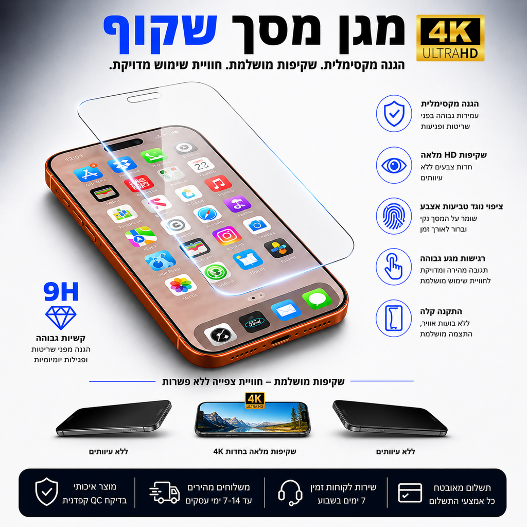 מגן מסך זכוכית שקוף 4K לאייפון